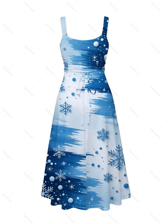 Christmas Couple Outfit Colorblock Snowflake Print Pocket Square Neck A Line Dress and Long Sleeve Shirt Holiday Set - Bleu Ciel S | US 4