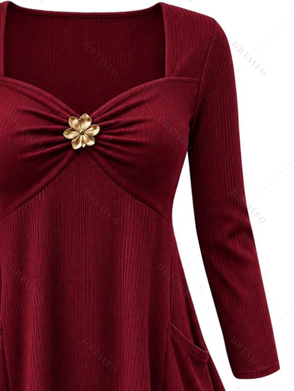 Daily Top Floral Decor Sweetheart Neck Ruched Handkerchief Hem 3/4 Sleeve Top - Rouge Vineux XXL | US 14