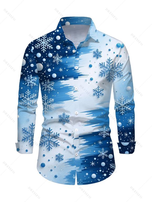 Christmas Couple Outfit Colorblock Snowflake Print Pocket Square Neck A Line Dress and Long Sleeve Shirt Holiday Set - Bleu Ciel S | US 4