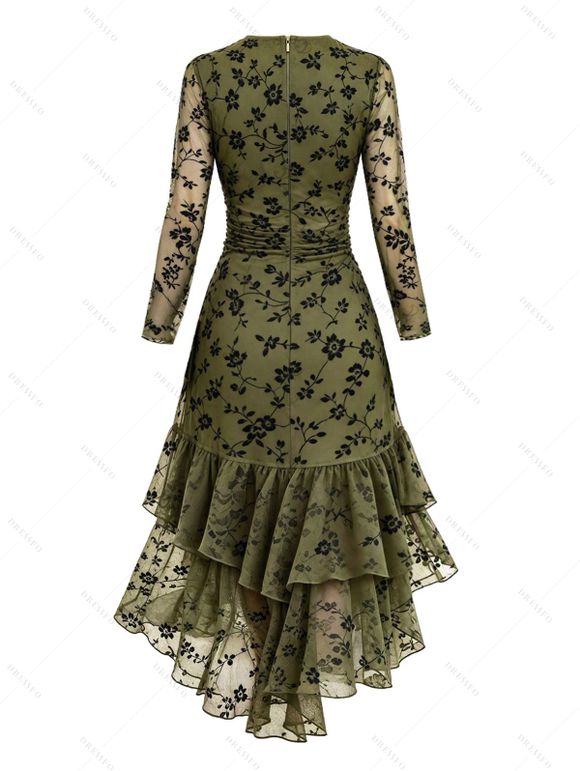 Vintage Western Style Dress Flocked Floral Mesh Scalloped High Low Dress - Olive Verte XXL | US 14