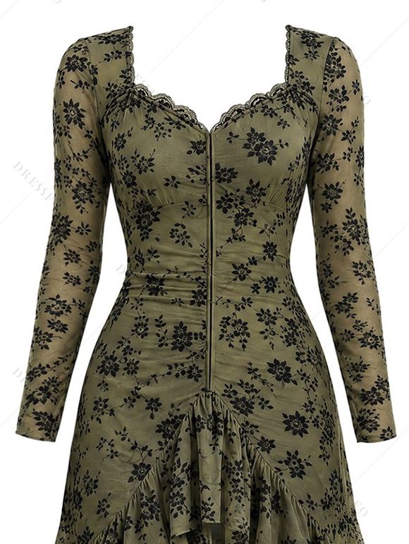 Vintage Western Style Dress Flocked Floral Mesh Scalloped High Low Dress - Olive Verte XXL | US 14