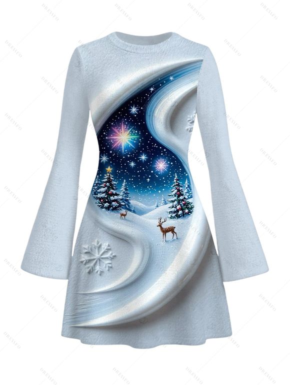 Christmas Couple Outfit 3D Snowscape Elk Christmas Tree Snowflake Print Bell Sleeve A Line Dress and Long Sleeve Shirt Holiday Set - Bleu Poudre S | US 4