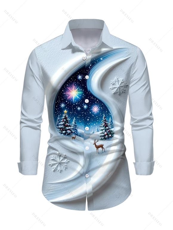 Christmas Couple Outfit 3D Snowscape Elk Christmas Tree Snowflake Print Bell Sleeve A Line Dress and Long Sleeve Shirt Holiday Set - Bleu Poudre S | US 4