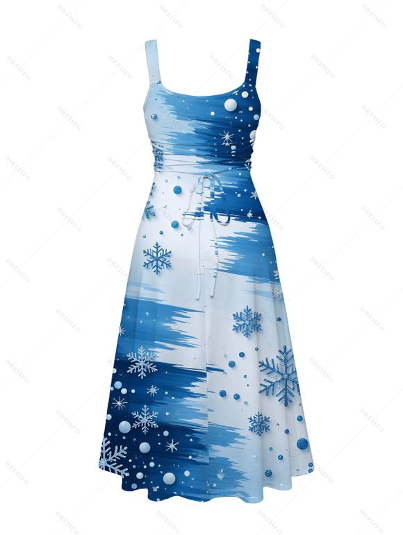 Christmas Dress Colorblock Snowflake Print Pocket Square Neck A Line Holiday Dress - Bleu Poudre XXL | US 14