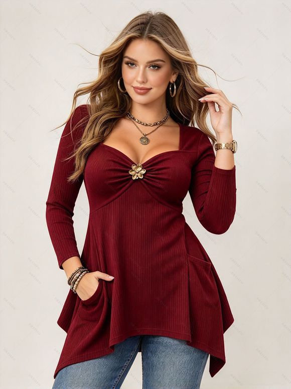 Daily Top Floral Decor Sweetheart Neck Ruched Handkerchief Hem 3/4 Sleeve Top - Rouge Vineux XXL | US 14