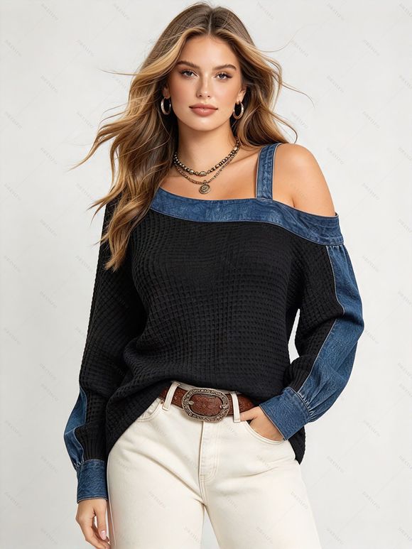 Casual Top Faux Denim Colorblock Patchwork Cold Shoulder Long Sleeve Top - Noir XXL | US 14