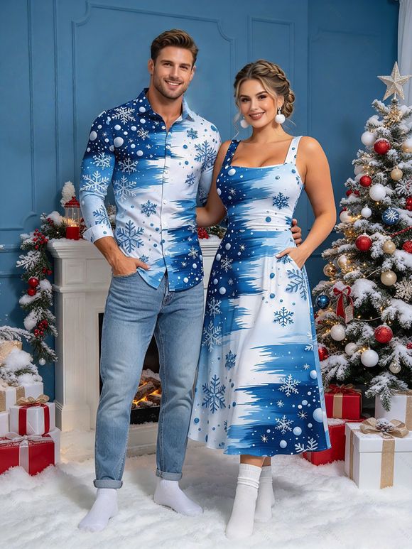 Christmas Couple Outfit Colorblock Snowflake Print Pocket Square Neck A Line Dress and Long Sleeve Shirt Holiday Set - Bleu Ciel S | US 4