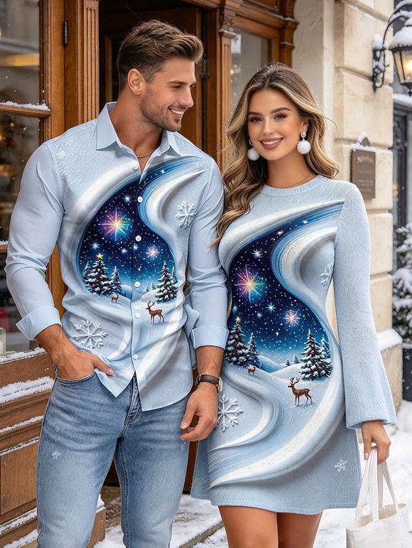 Christmas Couple Outfit 3D Snowscape Elk Christmas Tree Snowflake Print Bell Sleeve A Line Dress and Long Sleeve Shirt Holiday Set - Bleu Poudre S | US 4