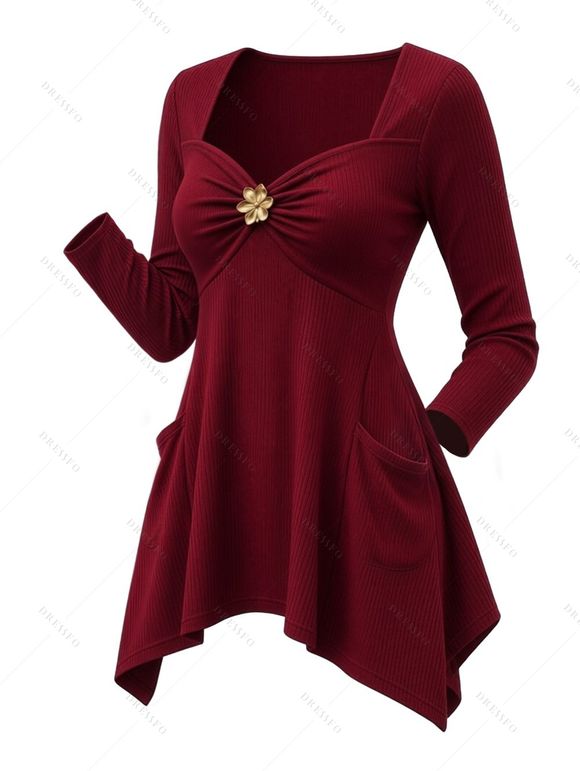 Daily Top Floral Decor Sweetheart Neck Ruched Handkerchief Hem 3/4 Sleeve Top - Rouge Vineux XXL | US 14