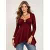 Daily Top Floral Decor Sweetheart Neck Ruched Handkerchief Hem 3/4 Sleeve Top - Rouge Vineux S | US 4