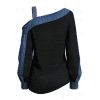Casual Top Faux Denim Colorblock Patchwork Cold Shoulder Long Sleeve Top - Noir M | US 6