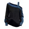 Casual Top Faux Denim Colorblock Patchwork Cold Shoulder Long Sleeve Top - Noir L | US 8-10