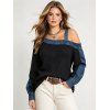 Casual Top Faux Denim Colorblock Patchwork Cold Shoulder Long Sleeve Top - Noir XXL | US 14