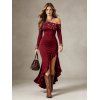 Vintage Dress Skew Neck Beaded Long Ruffle Split Sleeve Mermaid Long Dress - Rouge Vineux M | US 6