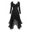 Vintage Western Style Dress Flocked Floral Mesh Scalloped High Low Dress - Noir S | US 4