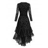 Vintage Western Style Dress Flocked Floral Mesh Scalloped High Low Dress - Noir XXL | US 14