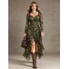 Vintage Western Style Dress Flocked Floral Mesh Scalloped High Low Dress - Olive Verte M | US 6
