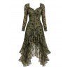 Vintage Western Style Dress Flocked Floral Mesh Scalloped High Low Dress - Olive Verte XXL | US 14