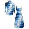 Christmas Couple Outfit Colorblock Snowflake Print Pocket Square Neck A Line Dress and Long Sleeve Shirt Holiday Set - Bleu Ciel S | US 4