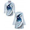 Christmas Couple Outfit 3D Snowscape Elk Christmas Tree Snowflake Print Bell Sleeve A Line Dress and Long Sleeve Shirt Holiday Set - Bleu Poudre S | US 4