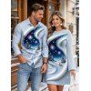 Christmas Couple Outfit 3D Snowscape Elk Christmas Tree Snowflake Print Bell Sleeve A Line Dress and Long Sleeve Shirt Holiday Set - Bleu Poudre S | US 4