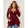 Daily Top Floral Decor Sweetheart Neck Ruched Handkerchief Hem 3/4 Sleeve Top - Rouge Vineux M | US 6