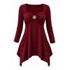 Daily Top Floral Decor Sweetheart Neck Ruched Handkerchief Hem 3/4 Sleeve Top - Rouge Vineux L | US 8-10