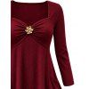 Daily Top Floral Decor Sweetheart Neck Ruched Handkerchief Hem 3/4 Sleeve Top - Rouge Vineux XL | US 12