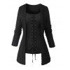 Gothic Faux Twinset Top Cable Knit Grommet Lace Up Long Sleeve 2 In 1 Top - Noir S | US 4