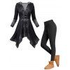 Winter Women Outfit Ombre Washed Print Buckle Long Sleeve Handkerchief Hem Long Hooded Top and Skinny Leggings Set - Noir S | US 4