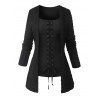 Gothic Women Outfit Cable Knit Grommet Lace Up Long Sleeve Faux Twinset Top and Skinny Leggings Set - Noir S | US 4