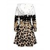 Winter Couple Outfit Colorblock Leopard Sequined Print Lace Up Drawstrings A Line Hoodie Dress and Long Sleeve Shirt Set - Blanc S | US 4