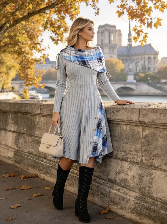 Plaid Patchwork Off The Shoulder Cinched Asymmetric Dress and Chunky Heel Mid Calf Boots Chain Necklace Outfit - Gris Clair S | US 4