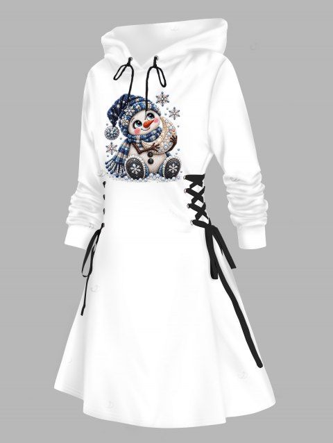 Christmas Hoodie Dress Cute Snowman with Plaid Scarf Hat Snowflake Print Lace Up Drawstring A Line Holiday Dress with Hood