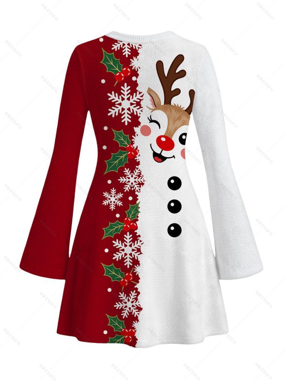 Christmas Dress Contrast Color Cute Elk Snowflake Print Bell Sleeve A Line Holiday Dress - Rouge M | US 6