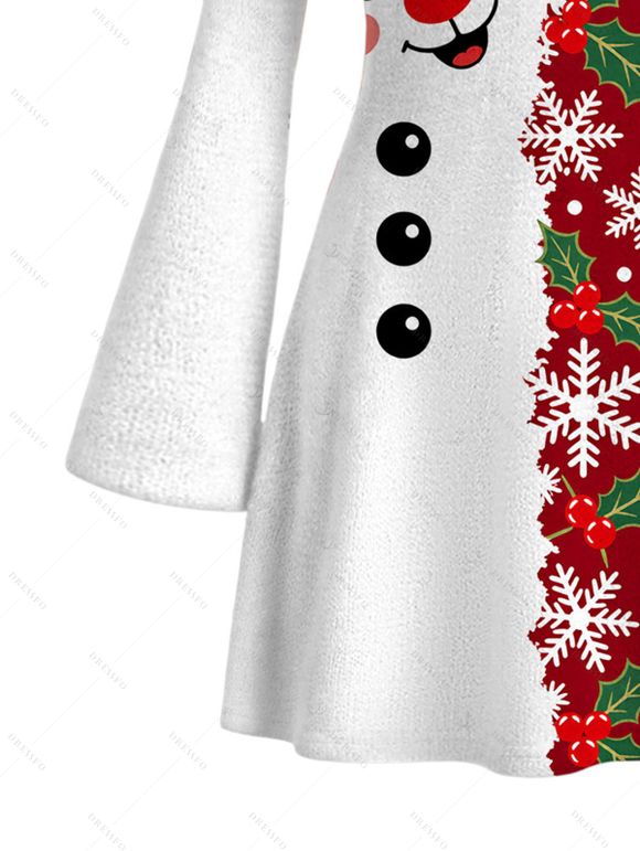 Christmas Dress Contrast Color Cute Elk Snowflake Print Bell Sleeve A Line Holiday Dress - Rouge M | US 6