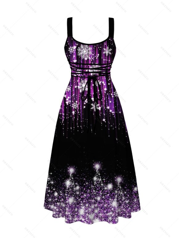 Holiday Dress Ombre Christmas Tree Snowflake Aurora Stream Print Pocket Square Neck A Line Dress - Noir M | US 6