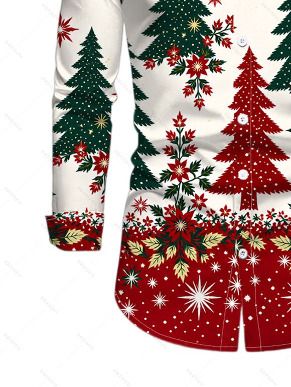 Men's Holiday Shirt Colorblock Christmas Tree Floral Snowflake Print Button Up Long Sleeve Shirt - Beige M