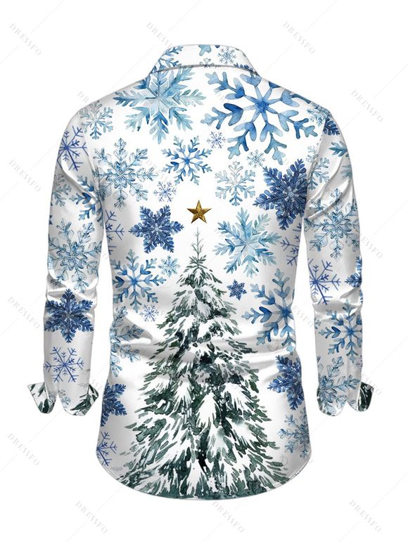 Men's Holiday Shirt Christmas Tree Snowflake Print Button Up Long Sleeve Shirt - Blanc L