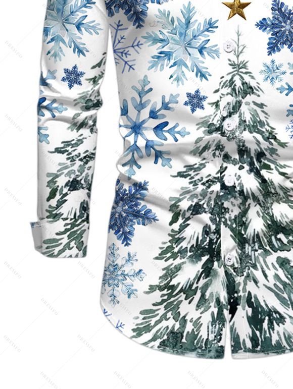 Men's Holiday Shirt Christmas Tree Snowflake Print Button Up Long Sleeve Shirt - Blanc L