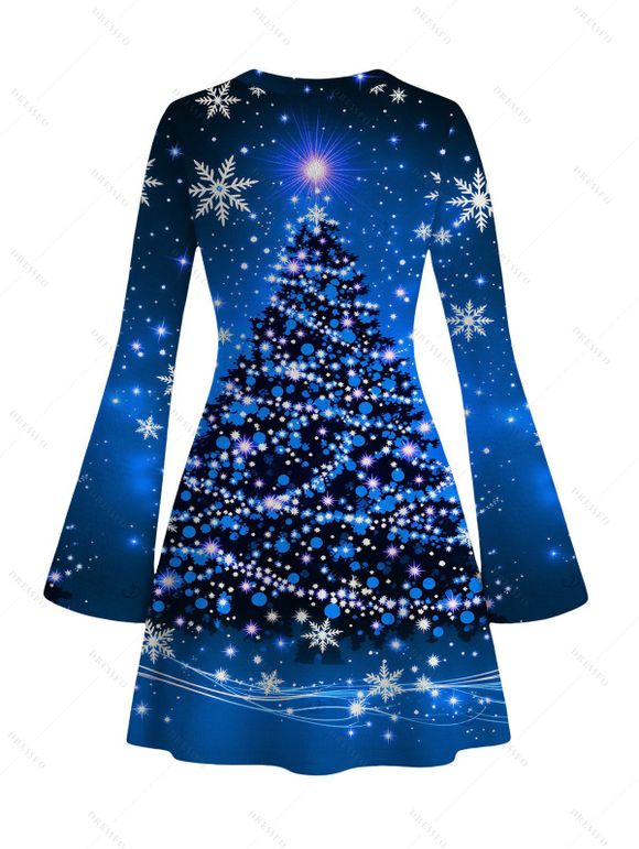Holiday Dress Christmas Tree Snowflake Starry Sky Print Bell Sleeve A Line Dress - Bleu profond L | US 8-10