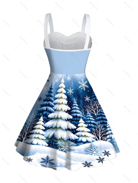 Holiday Dress Christmas Tree Snowflake Landscape Print Faux Fur A Line Christmas Party Dress - Bleu Poudre XL | US 12