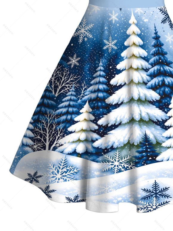 Holiday Dress Christmas Tree Snowflake Landscape Print Faux Fur A Line Christmas Party Dress - Bleu Poudre XL | US 12