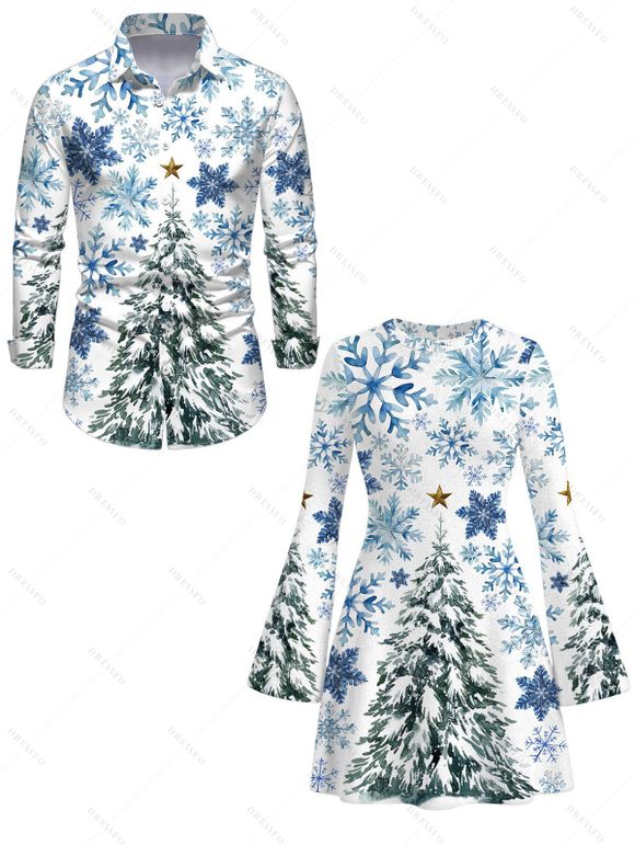Holiday Couple Outfit Christmas Tree Snowflake Star Print Bell Sleeve A Line Dress and Long Sleeve Shirt Set - Blanc S | US 4