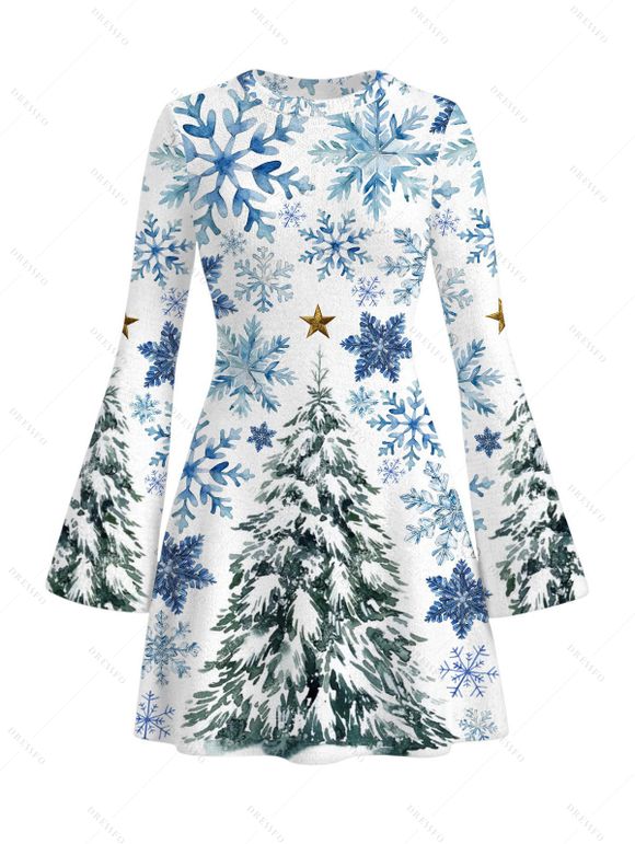 Holiday Couple Outfit Christmas Tree Snowflake Star Print Bell Sleeve A Line Dress and Long Sleeve Shirt Set - Blanc S | US 4