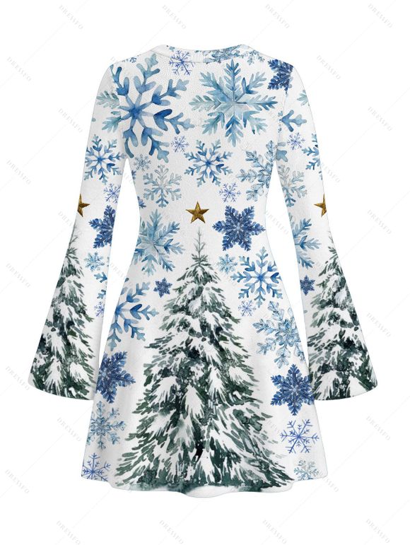 Holiday Couple Outfit Christmas Tree Snowflake Star Print Bell Sleeve A Line Dress and Long Sleeve Shirt Set - Blanc S | US 4