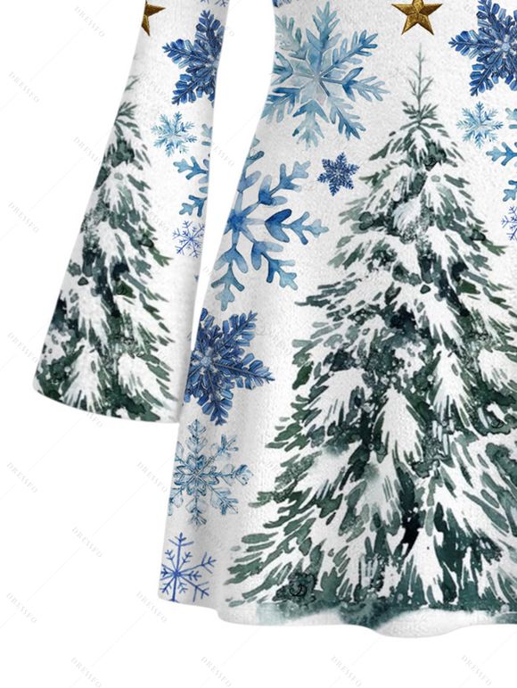 Holiday Couple Outfit Christmas Tree Snowflake Star Print Bell Sleeve A Line Dress and Long Sleeve Shirt Set - Blanc S | US 4