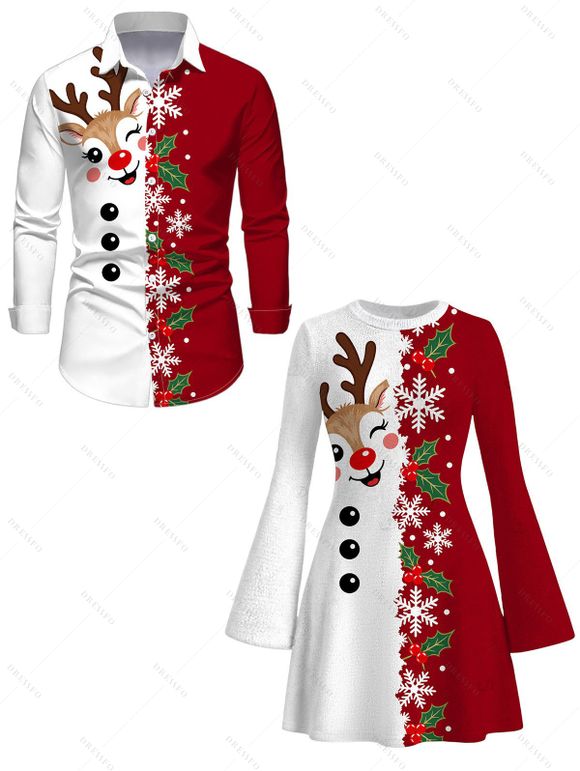 Christmas Couple Outfit Contrast Color Cute Elk Snowflake Print Bell Sleeve A Line Dress and Long Sleeve Shirt Holiday Set - Rouge S | US 4