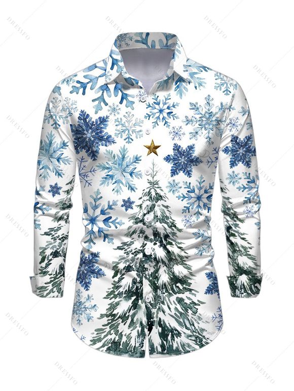 Holiday Couple Outfit Christmas Tree Snowflake Star Print Bell Sleeve A Line Dress and Long Sleeve Shirt Set - Blanc S | US 4
