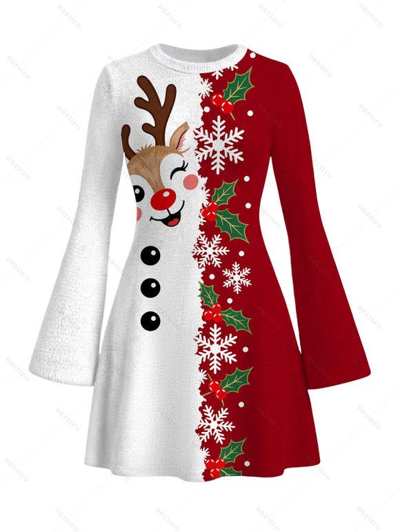 Christmas Couple Outfit Contrast Color Cute Elk Snowflake Print Bell Sleeve A Line Dress and Long Sleeve Shirt Holiday Set - Rouge S | US 4
